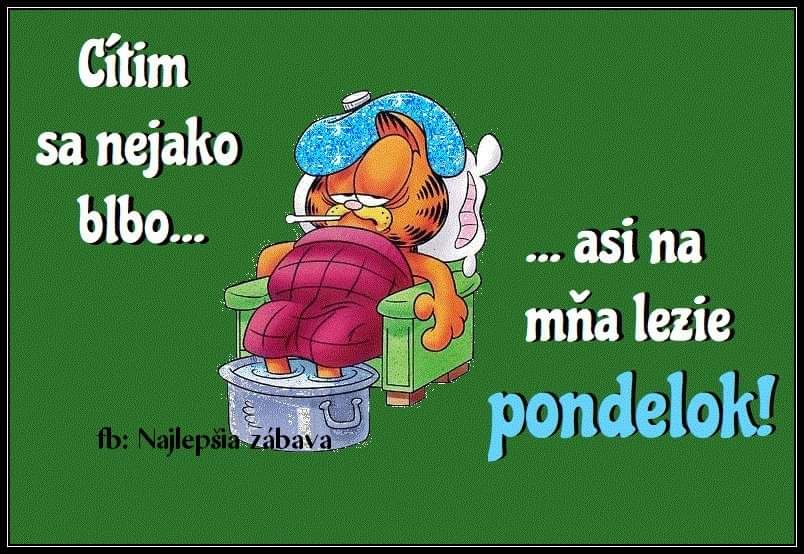 Kocúr Garfield sedí chorý v kresle a žartuje, že sa cíti zle kvôli pondelku.