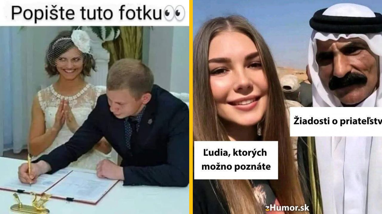 Nevesta sa usmieva, zatiaľ čo ženích podpisuje dokumenty; vedľa selfie ženy s mužom v tradičnom odeve.