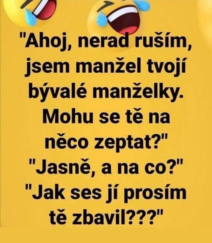 Vtipný obrázok s textom o rozhovore medzi súčasným a bývalým manželom s emotikonmi smiechu.
