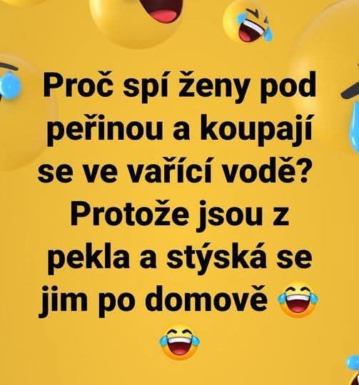 Žlté pozadie s vtipom o ženách, pekle a horúcej vode, doplnený o smejúce sa emotikony.
