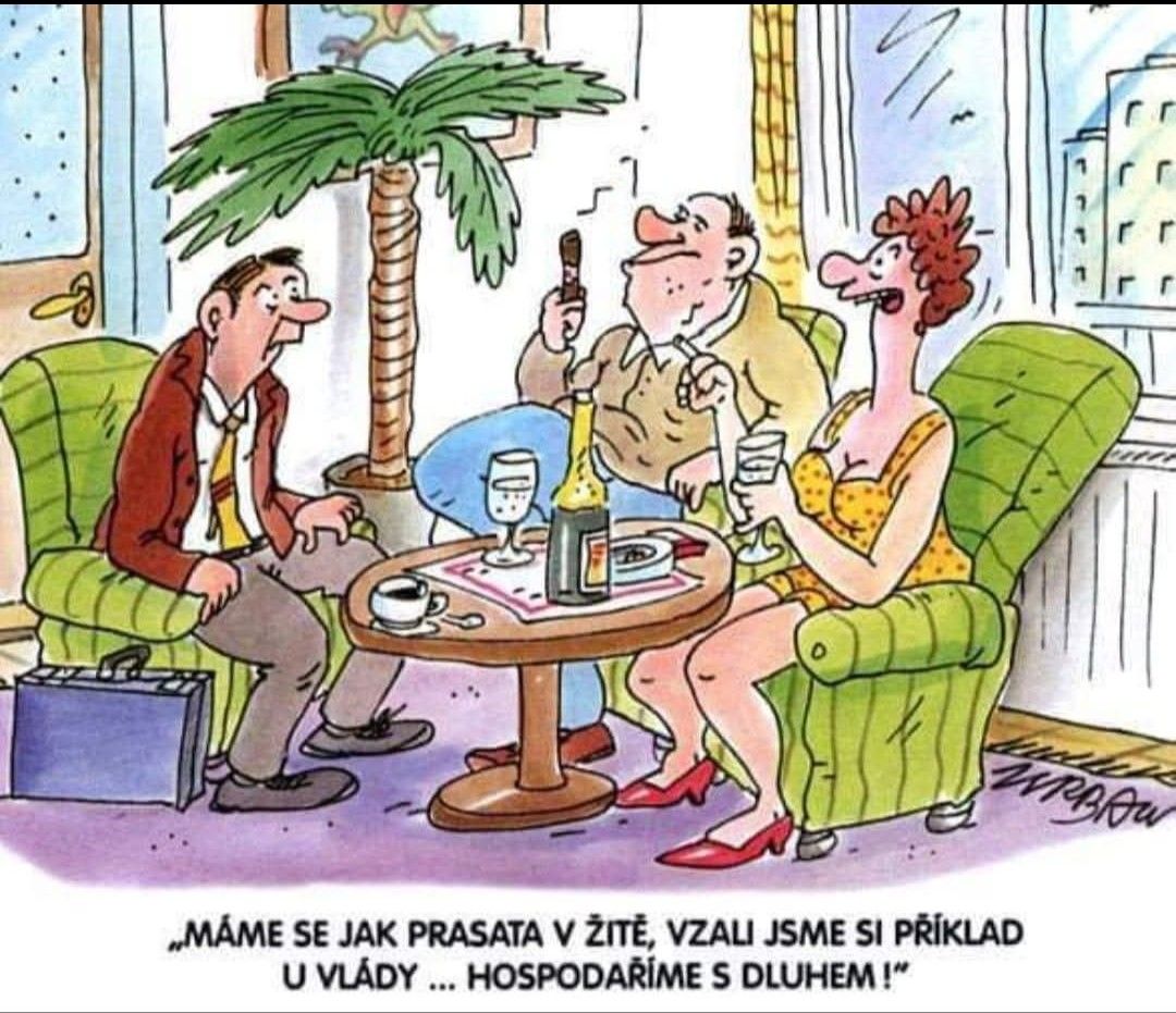 Karikatúra: Pár si užíva pohodu v obývačke, muž s kufríkom sedí oproti nim. Text o šťastí a zadlžovaní.