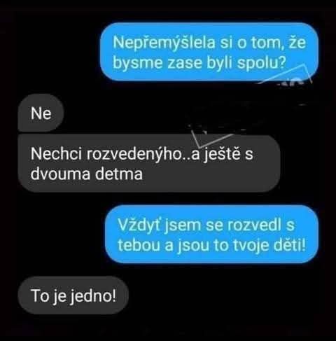 Rozhovor dvoch ľudí o opätovnom vzťahu, kde jeden odmieta kvôli deťom, ktoré sú vlastne jeho.