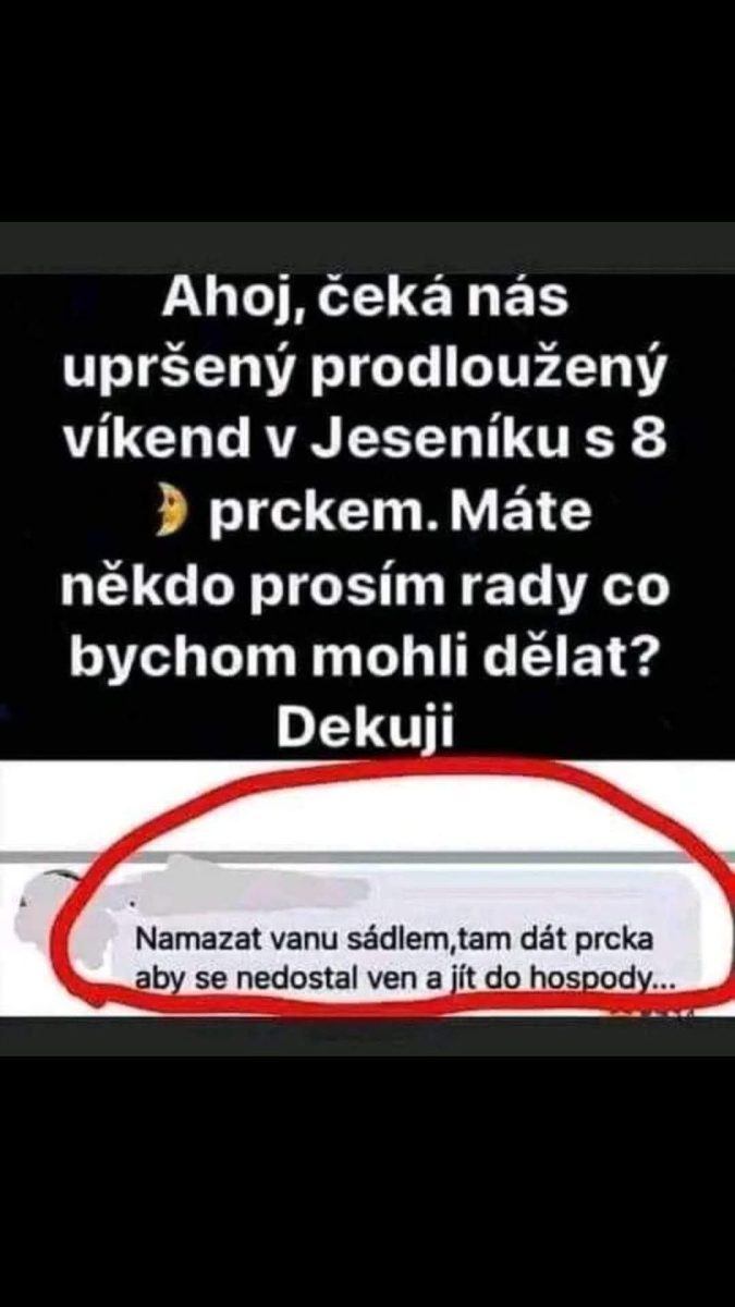 Textová diskusia o predĺženom víkende v Jeseníkoch s deťmi a vtipná rada na zábavu v daždi.