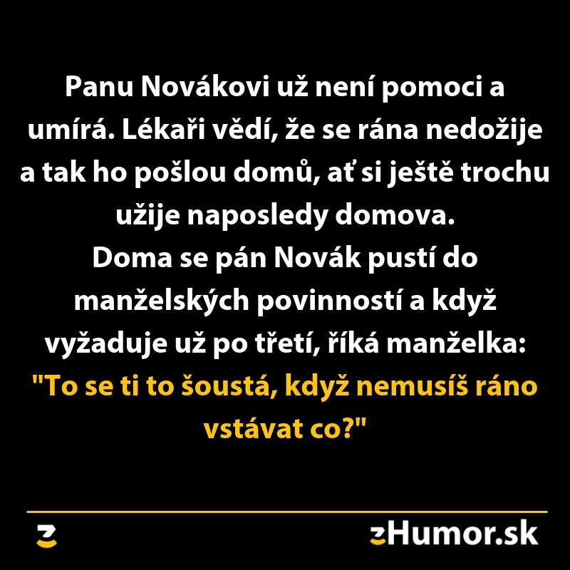 Pán Novák doma umiera, znova žiada manželské povinnosti, manželka poznamenáva jeho neobvyklú aktivitu.