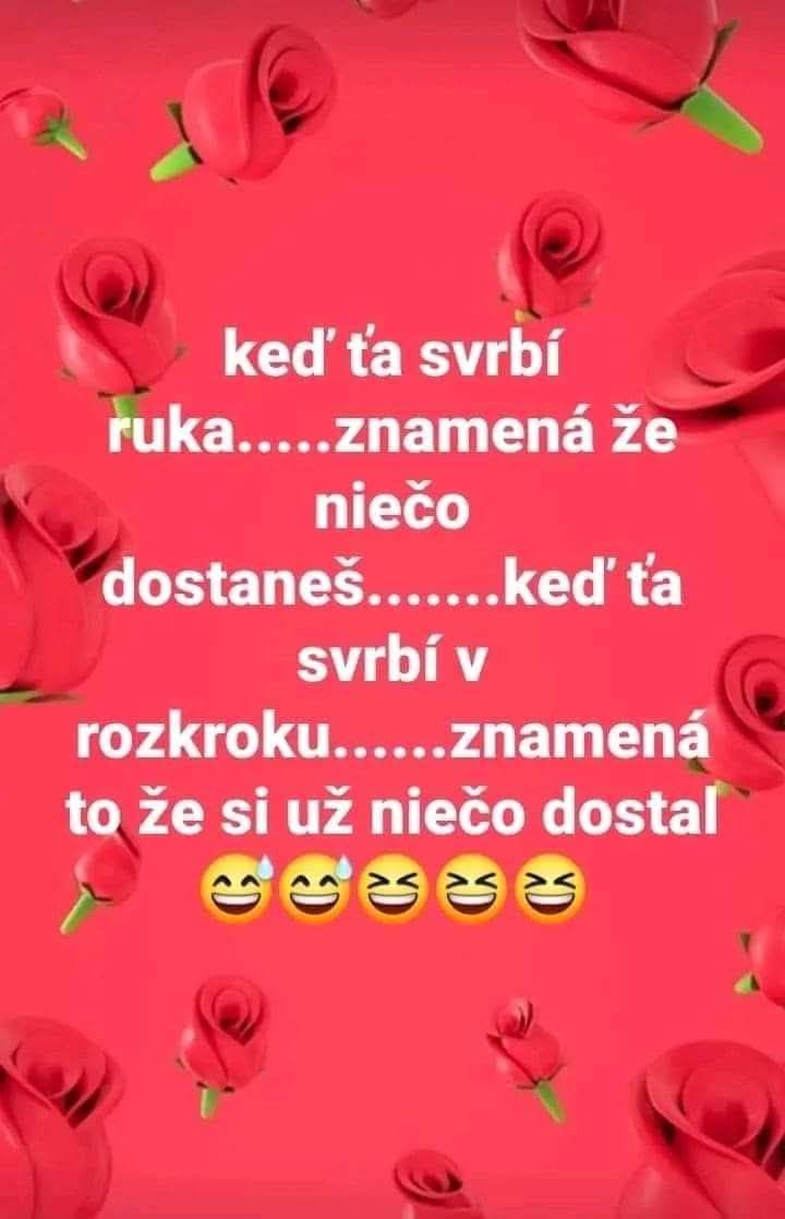 Červené pozadie s ružami a vtipným slovenským textom o svrbení rúk a rozkroku, doplnené smajlíkmi.
