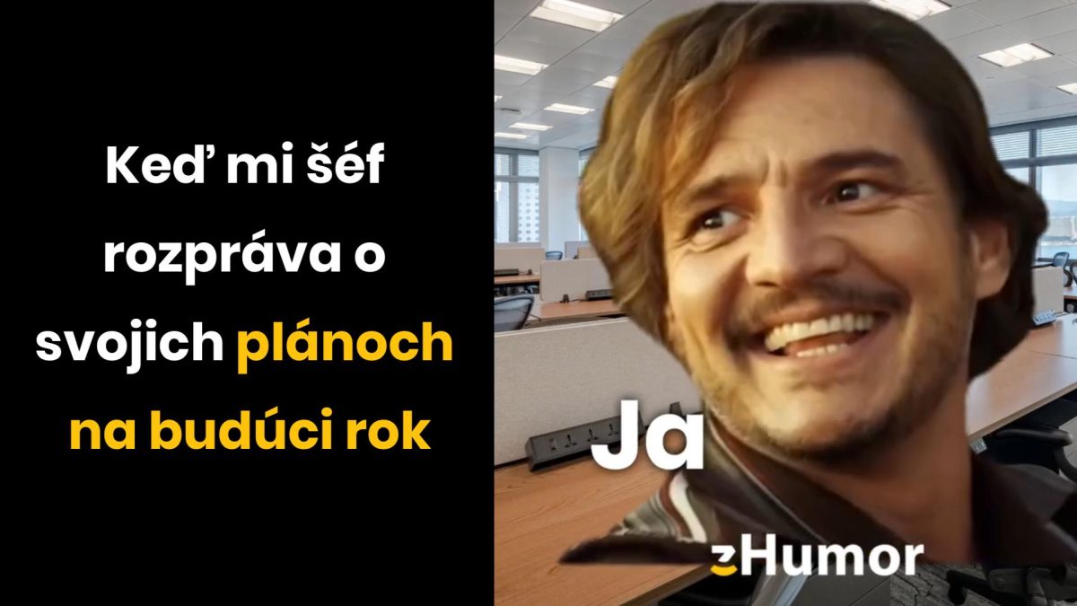 Šéf hovorí o plánoch; muž sa smeje v kancelárii. Humorná reakcia na budúcoročné plány.