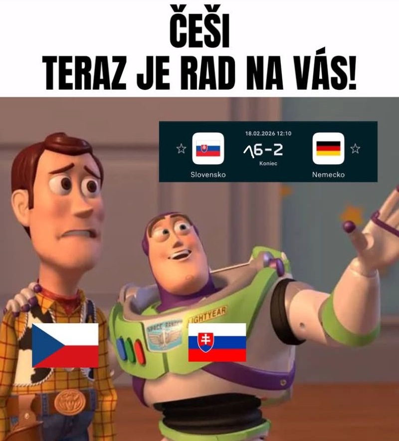 Dve animované postavy s vlajkami Slovenska a Česka, skóre Slovensko 6:2 Nemecko, text „Česi, teraz je rad na vás“.