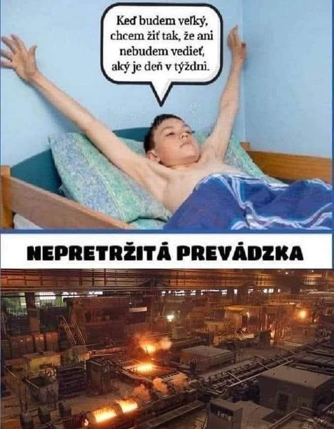 Chlapec v posteli sníva o bezstarostnom živote; továreň zobrazuje realitu nepretržitej práce.