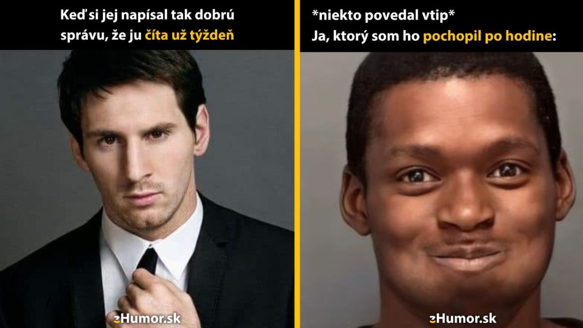 Muž v obleku a muž s humorným výrazom tváre; vtipné porovnanie reakcií na rôzne situácie.