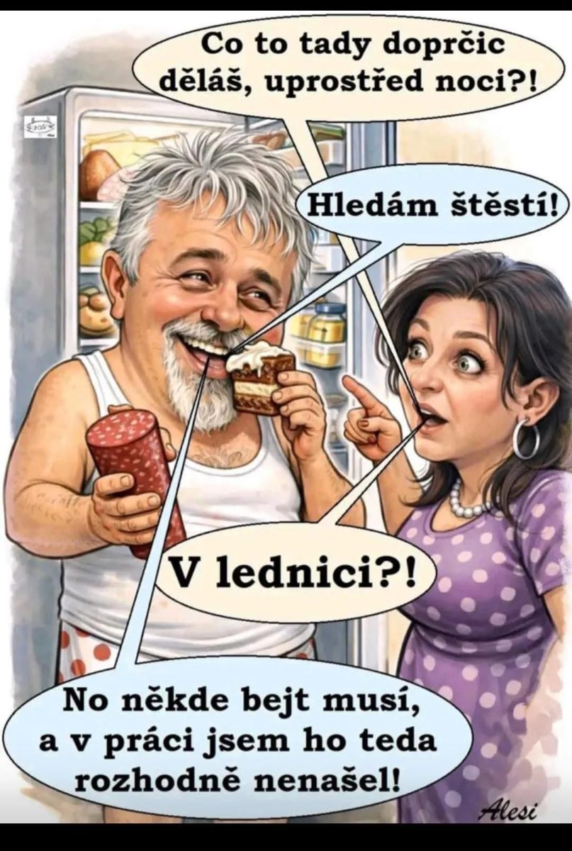 Muž hľadá šťastie v chladničke uprostred noci, zatiaľ čo žena vyjadruje prekvapenie. Humorná ilustrácia s jedlom.