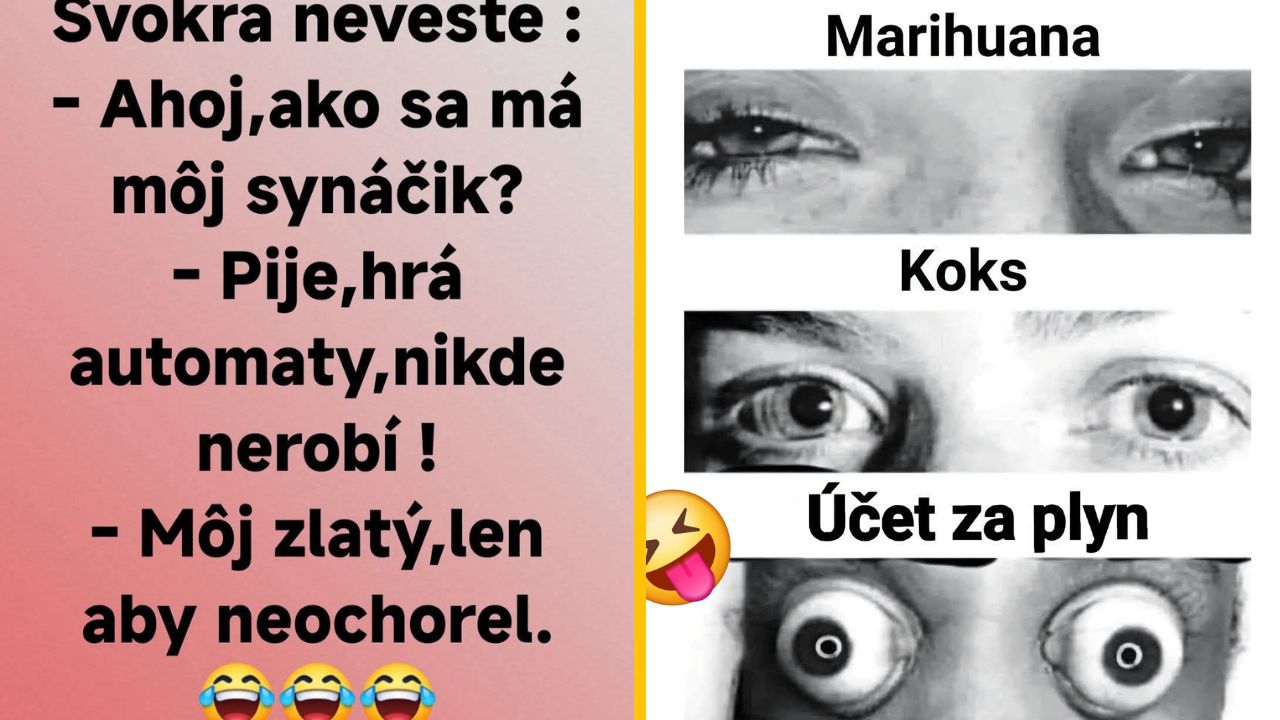 Svokra sa pýta na syna, komparácia reakcií očí na marihuanu, koks a účet za plyn s humornými emoji.