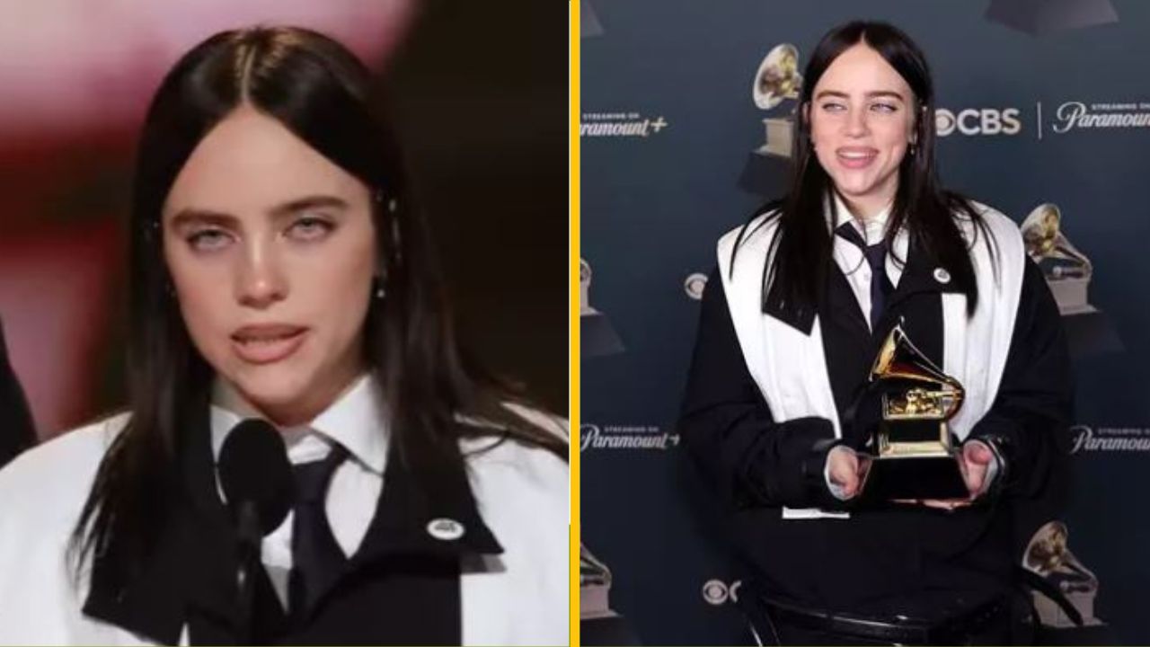 Mladá žena v čierno-bielom oblečení držiaca Grammy na pódiu a pri fotostene. Emócie radosti z víťazstva.
