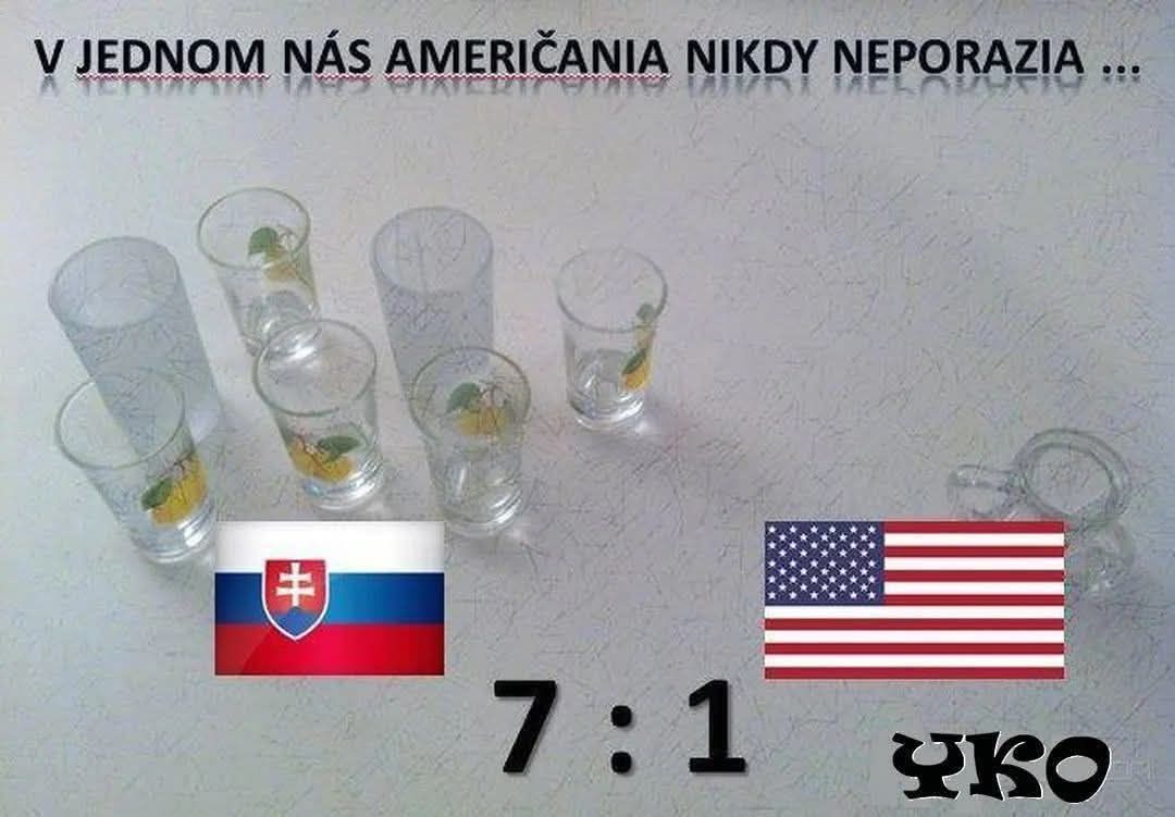 Slovensko vedie nad USA v pití, 7 pohárov na 1. Zábavný obraz s vlajkami a pohármi na stole.