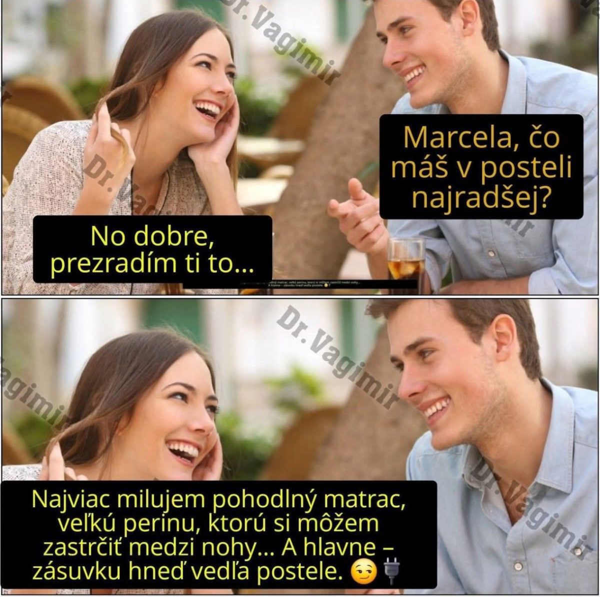 Dvojica pri rozhovore, žena popisuje svoje obľúbené veci v posteli: matrac, perina a zásuvka vedľa postele.
