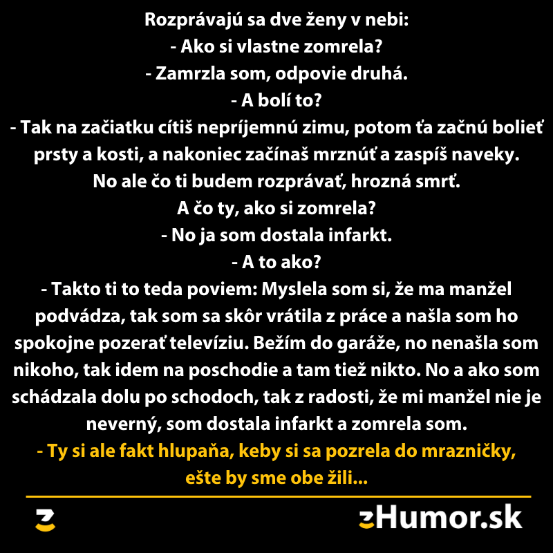 Dve ženy v nebi: Diskusia o príčinách ich úmrtia a vtipná pointa o mrazničke.
