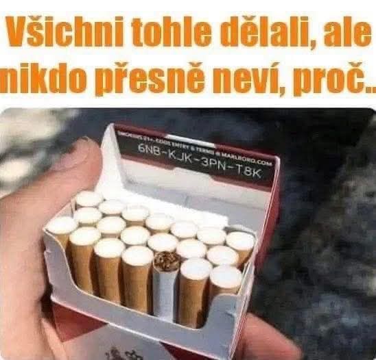 Krabička cigariet s jednou otočenou cigaretou a zaujímavým nápisom v češtine.