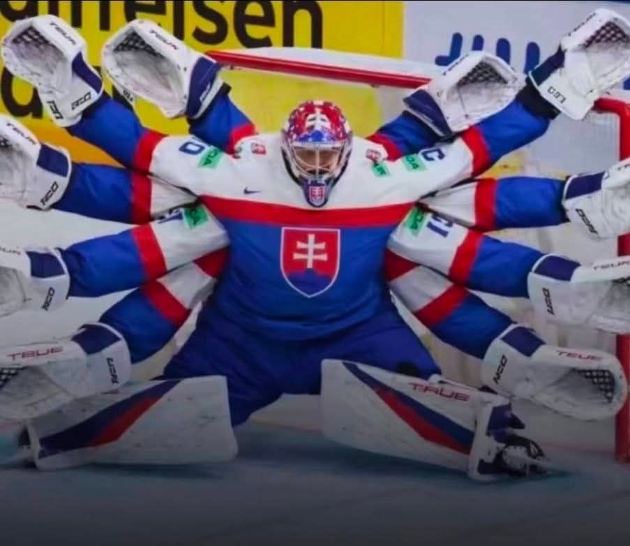 Slovenský hokejový brankár chráni bránu s efektom viacerých rúk počas zápasu.