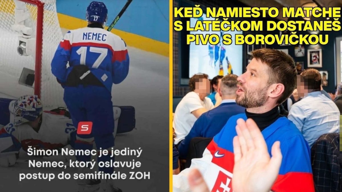 Hokejista v drese s menom Nemec oslavuje postup; muž v bare reaguje na prekvapivú situáciu s textom o pive a borovičke.