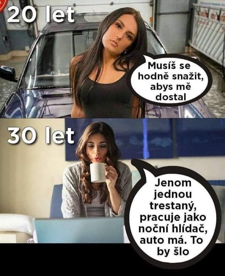 Žena v dvoch vekových fázach s rôznym postojom k partnerstvu; mladá sebavedomá, staršia opatrná.