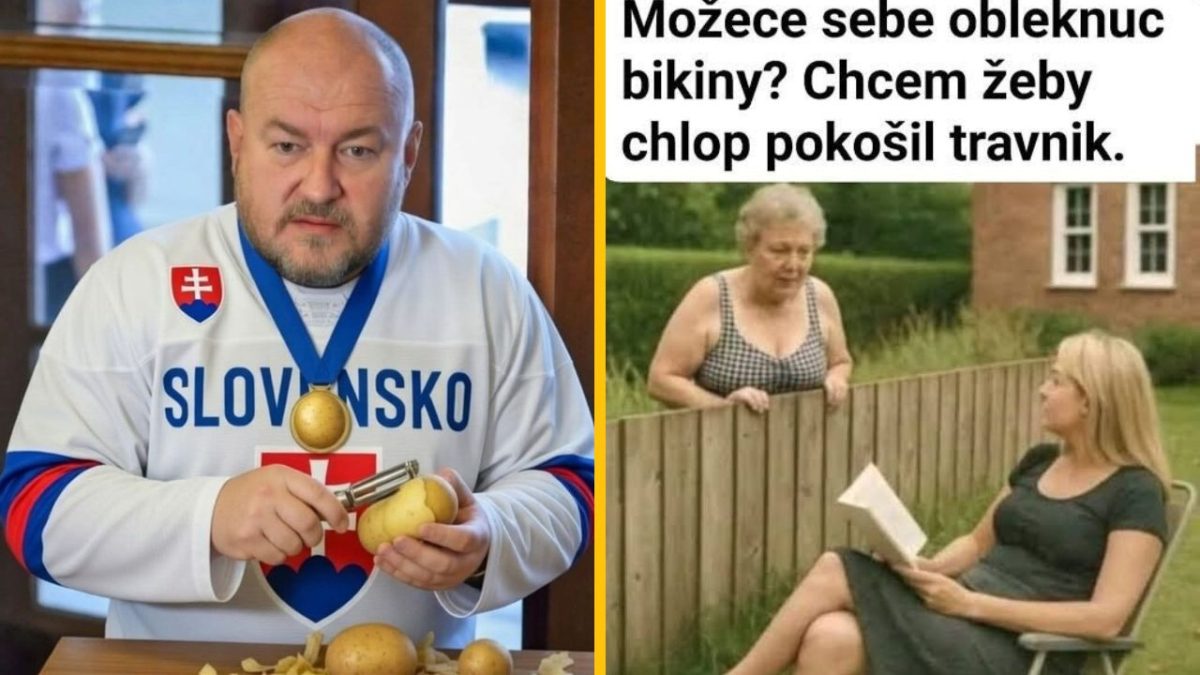 Muž v slovenskom drese lúpe zemiak, vedľa textový vtip: žena žiada inú obliecť bikiny kvôli pokoseniu trávnika.