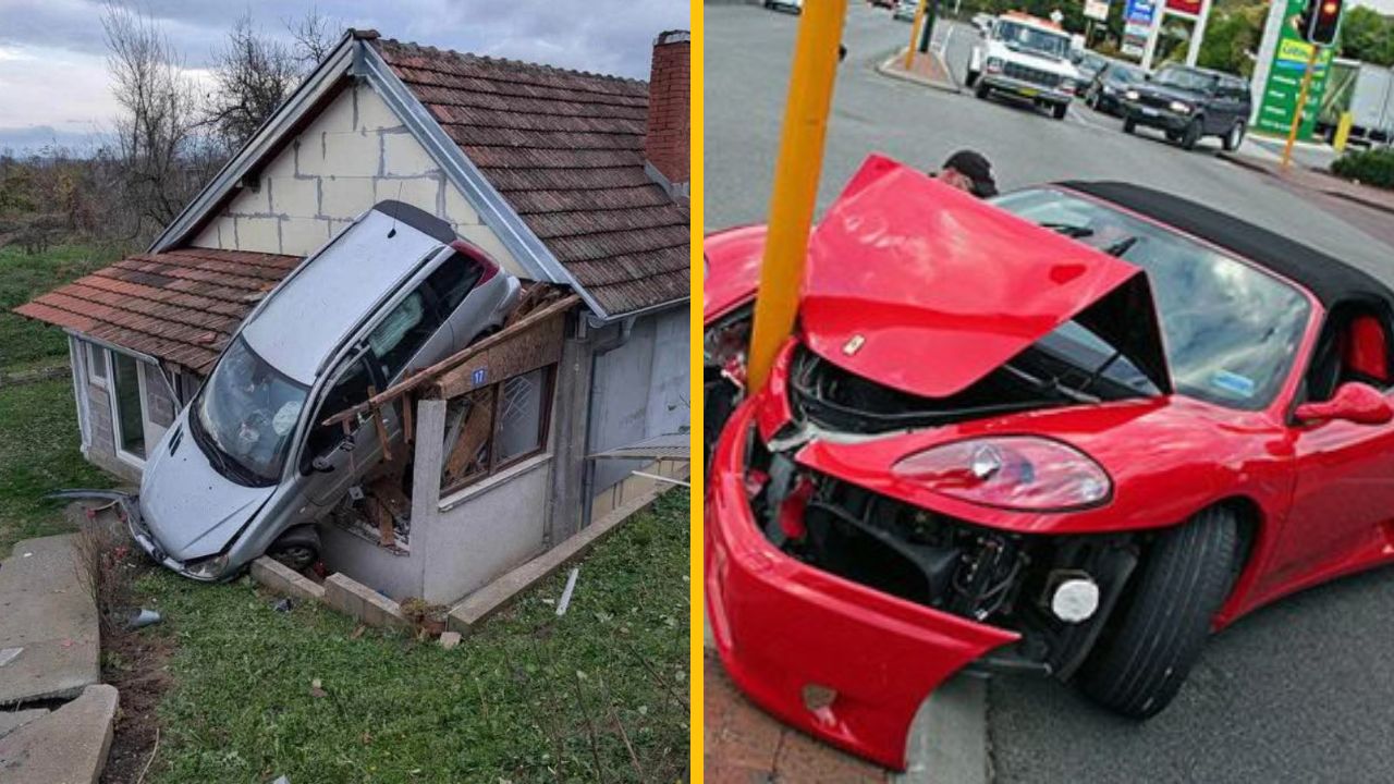 Auto narazilo do domu a červené športové auto havarovalo vedľa cesty pred stĺpom na rušnej križovatke.