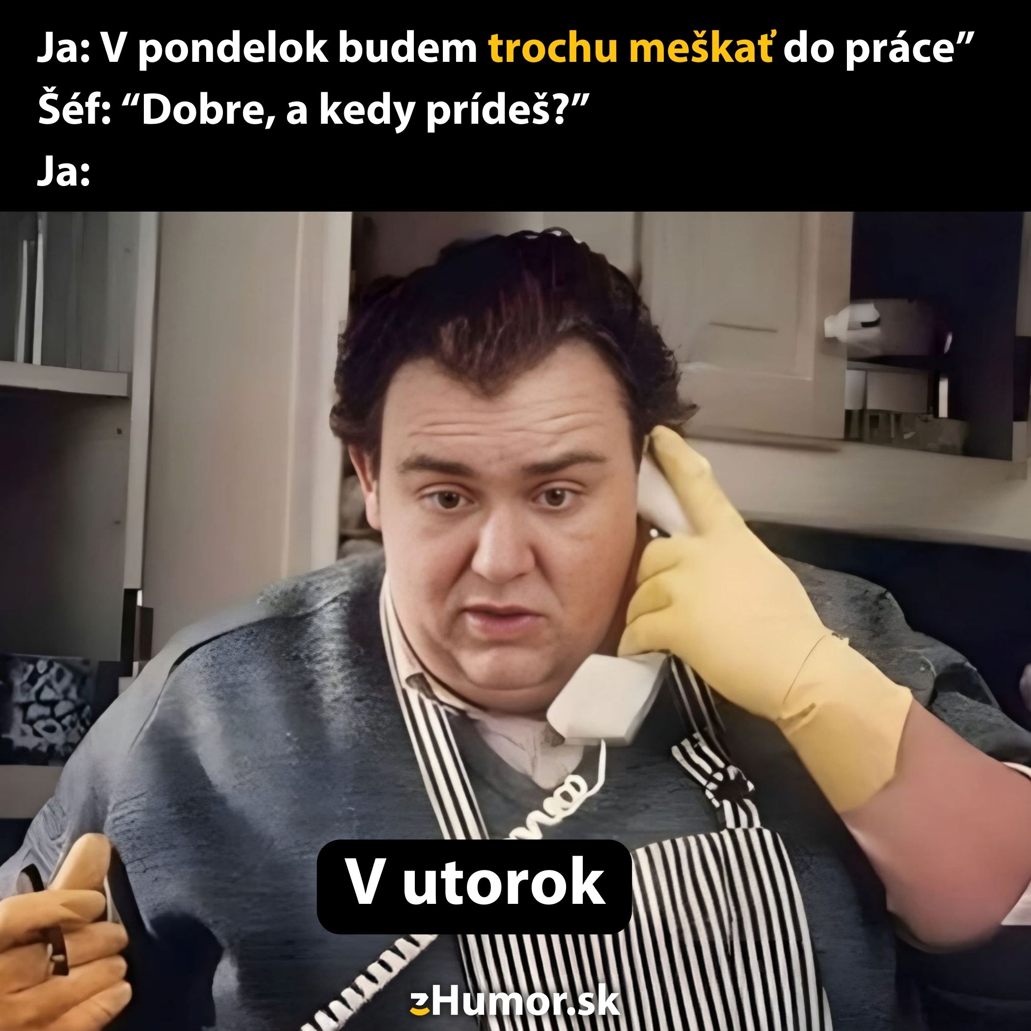 Muž telefonuje so šéfom, hovorí, že príde do práce v utorok, nie v pondelok. Vtipný obrázok z kancelárskeho života.