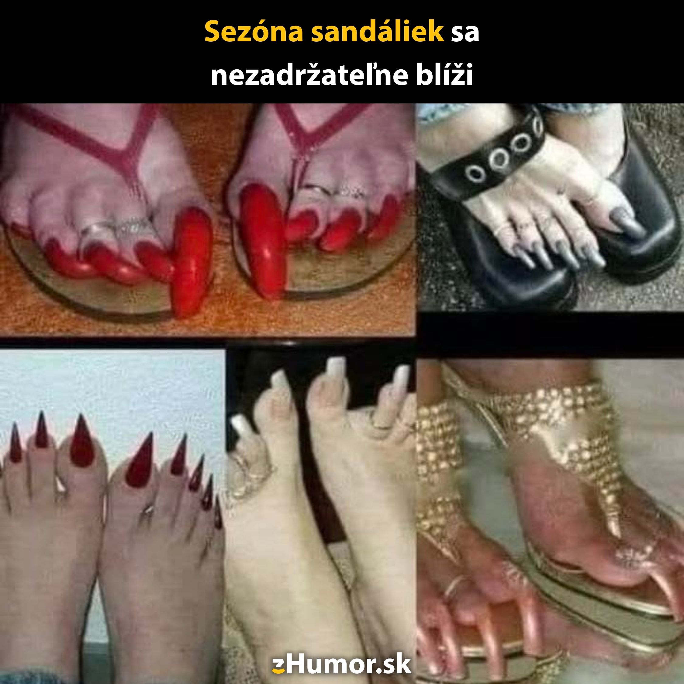 Zábavná koláž dlhých nechtov na nohách v sandáloch signalizujúcich príchod sezóny otvorenej obuvi.