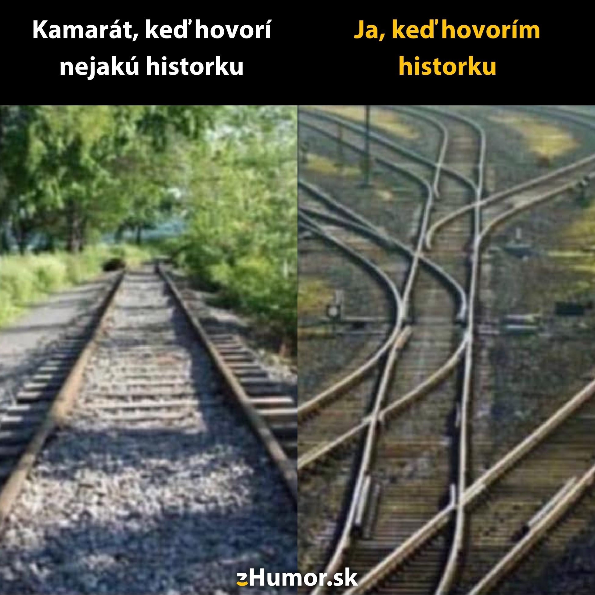 Meme s železničnými koľajami znázorňujúci jednoduchú a komplikovanú formu rozprávania príbehov priateľa a seba.