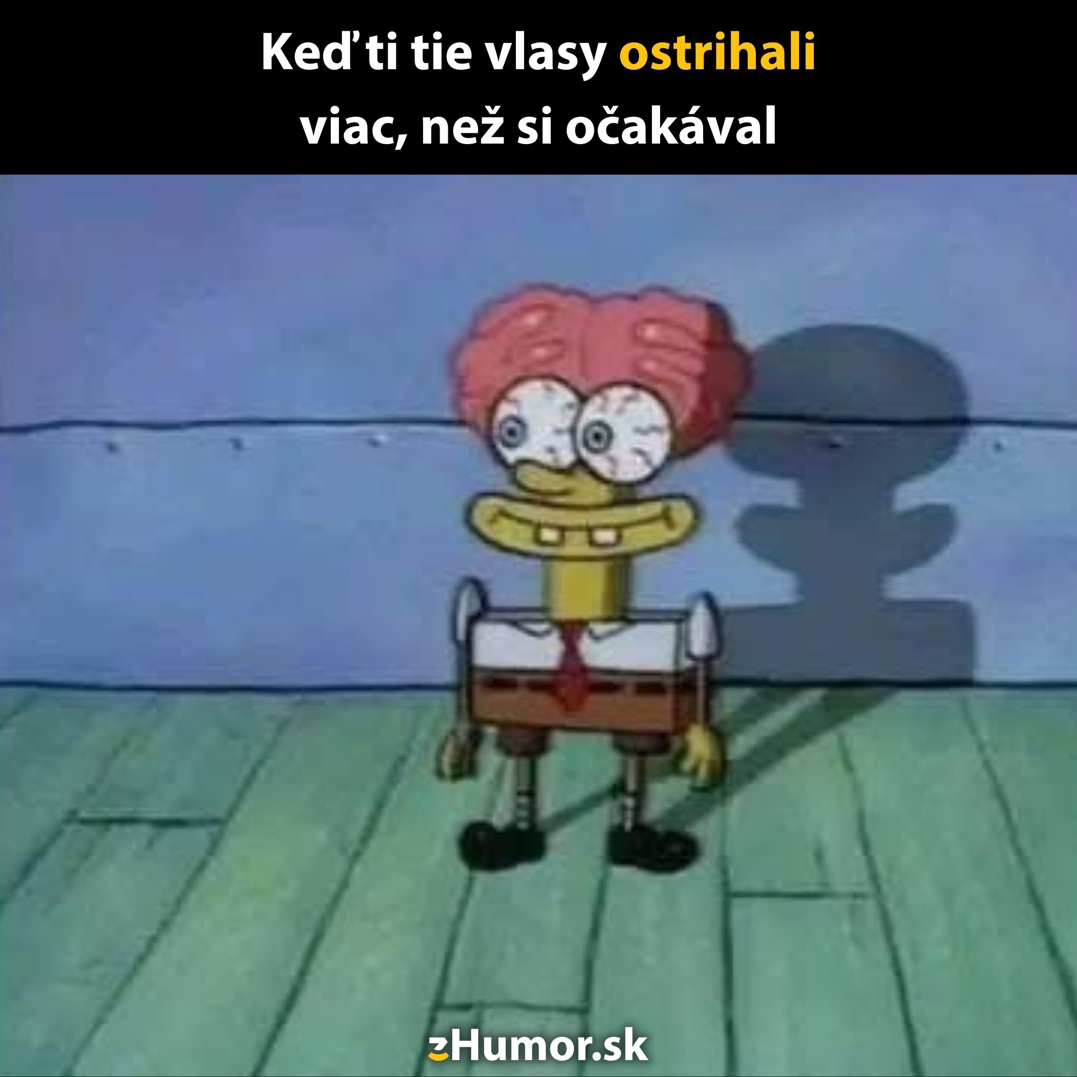 Animovaná postavička s vystrašenými očami a ružovým účesom, vtipný text o príliš krátkom zostrihu vlasov.