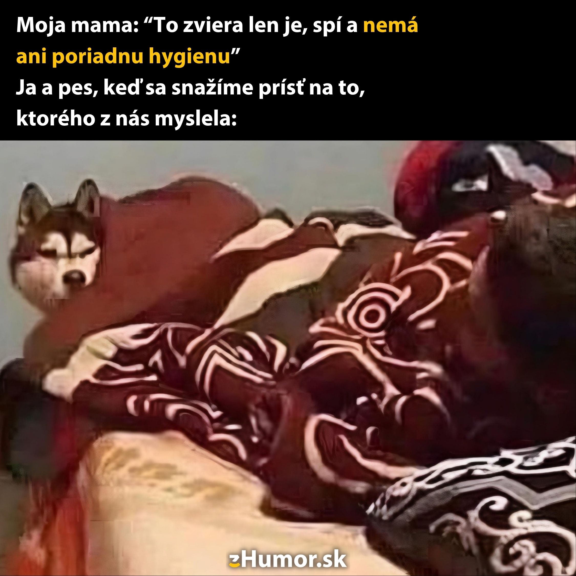 Pes a osoba na posteli s dekou, vtipný kontrast s komentárom matky o hygiene a spánku.