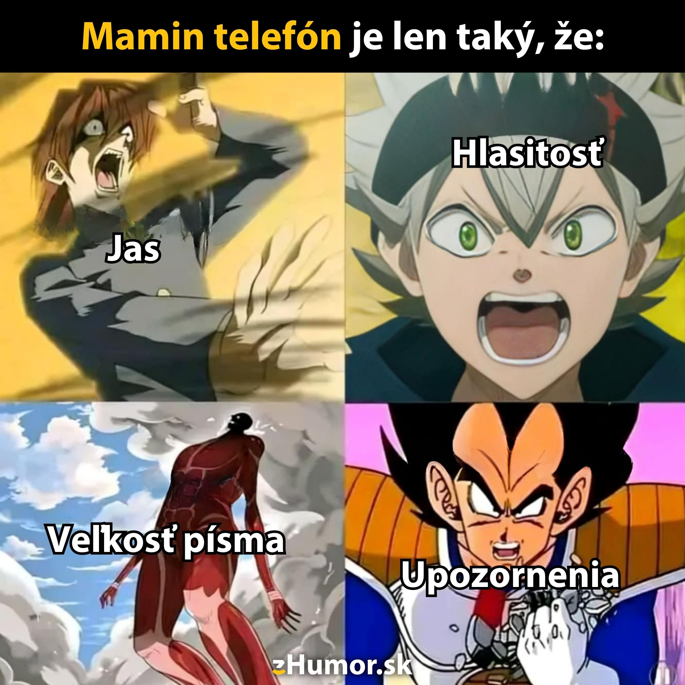 Meme o extrémnych nastaveniach maminho telefónu: jas, hlasitosť, veľkosť písma a upozornenia na anime postavách.