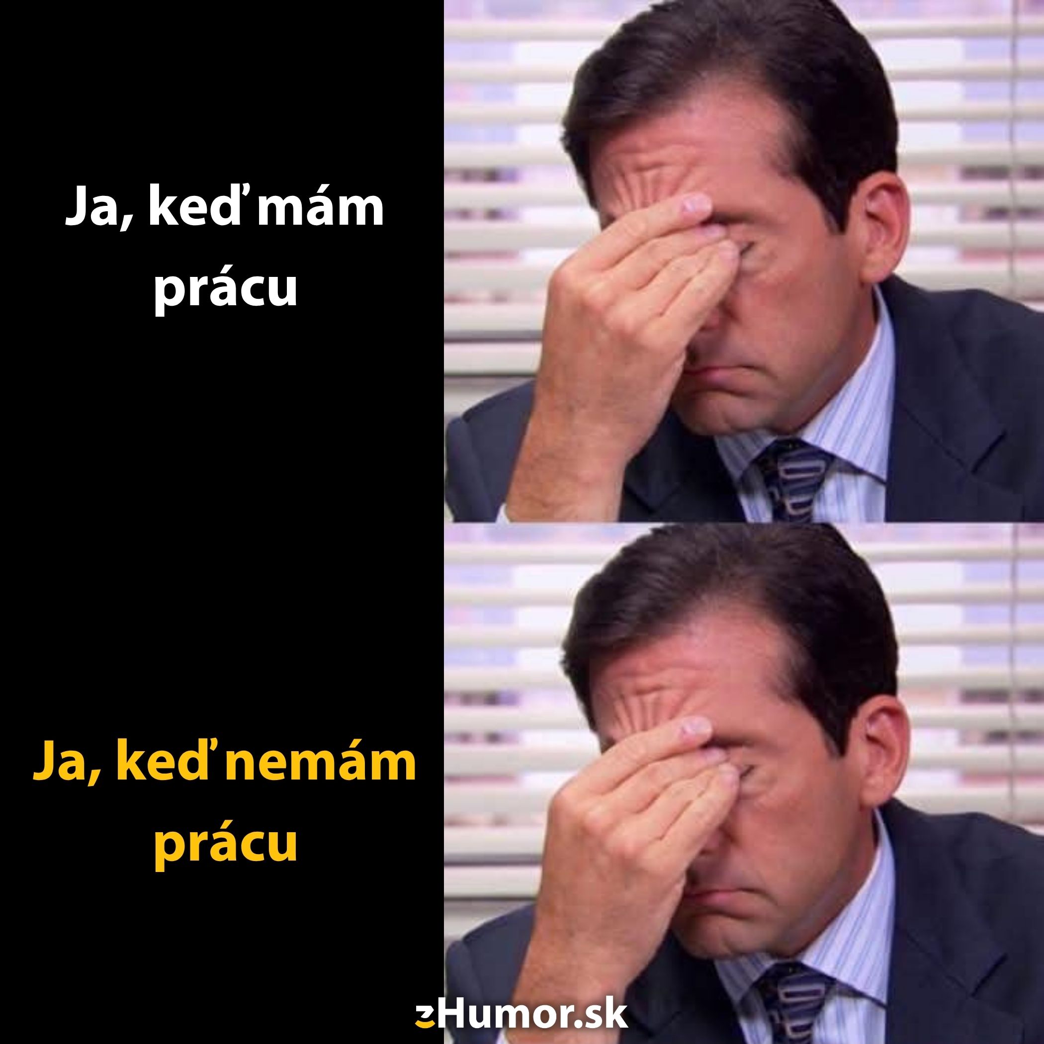 Muž v obleku s rukou na čele vyjadruje únavu z práce aj z nezamestnanosti, text: Ja, keď mám prácu/nemám prácu.