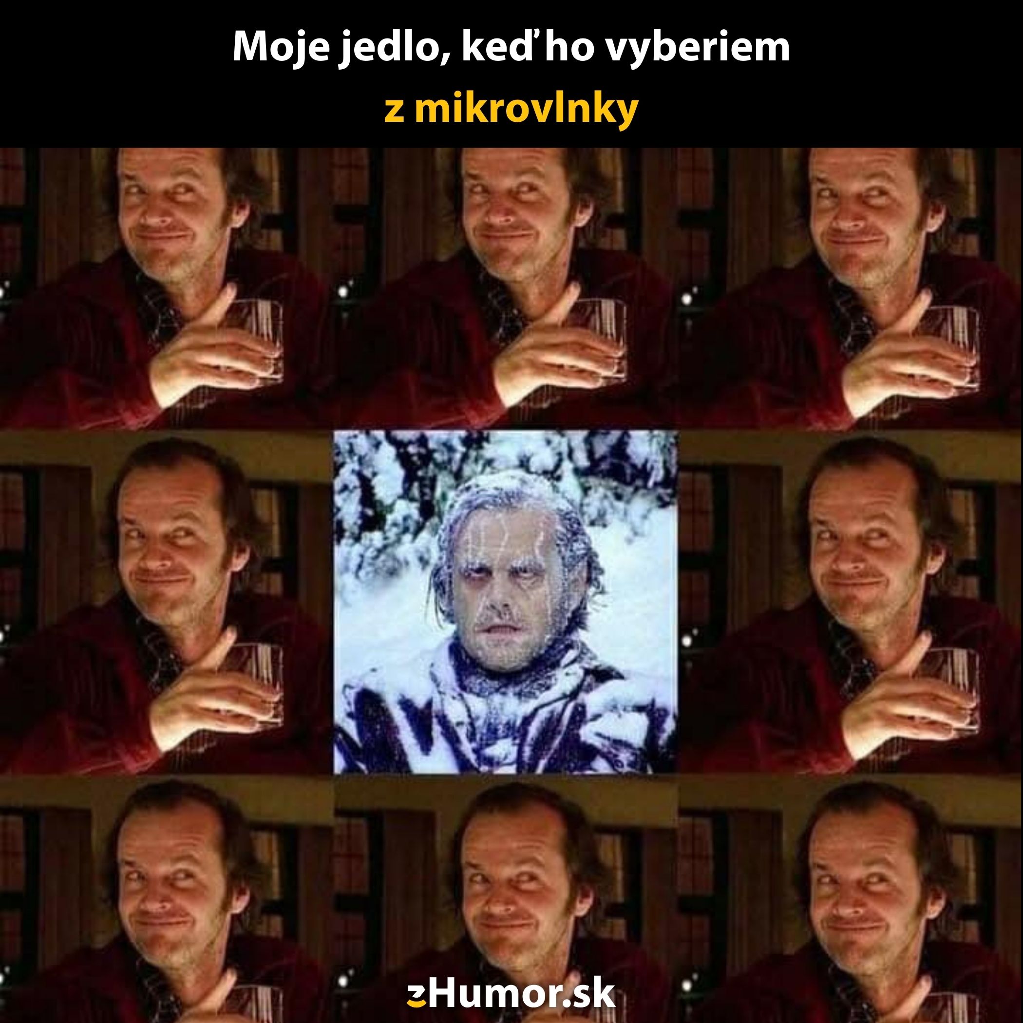 Finálny výraz človeka po otvorení mikrovlnky, porovnanie oteplenia a mrazu.