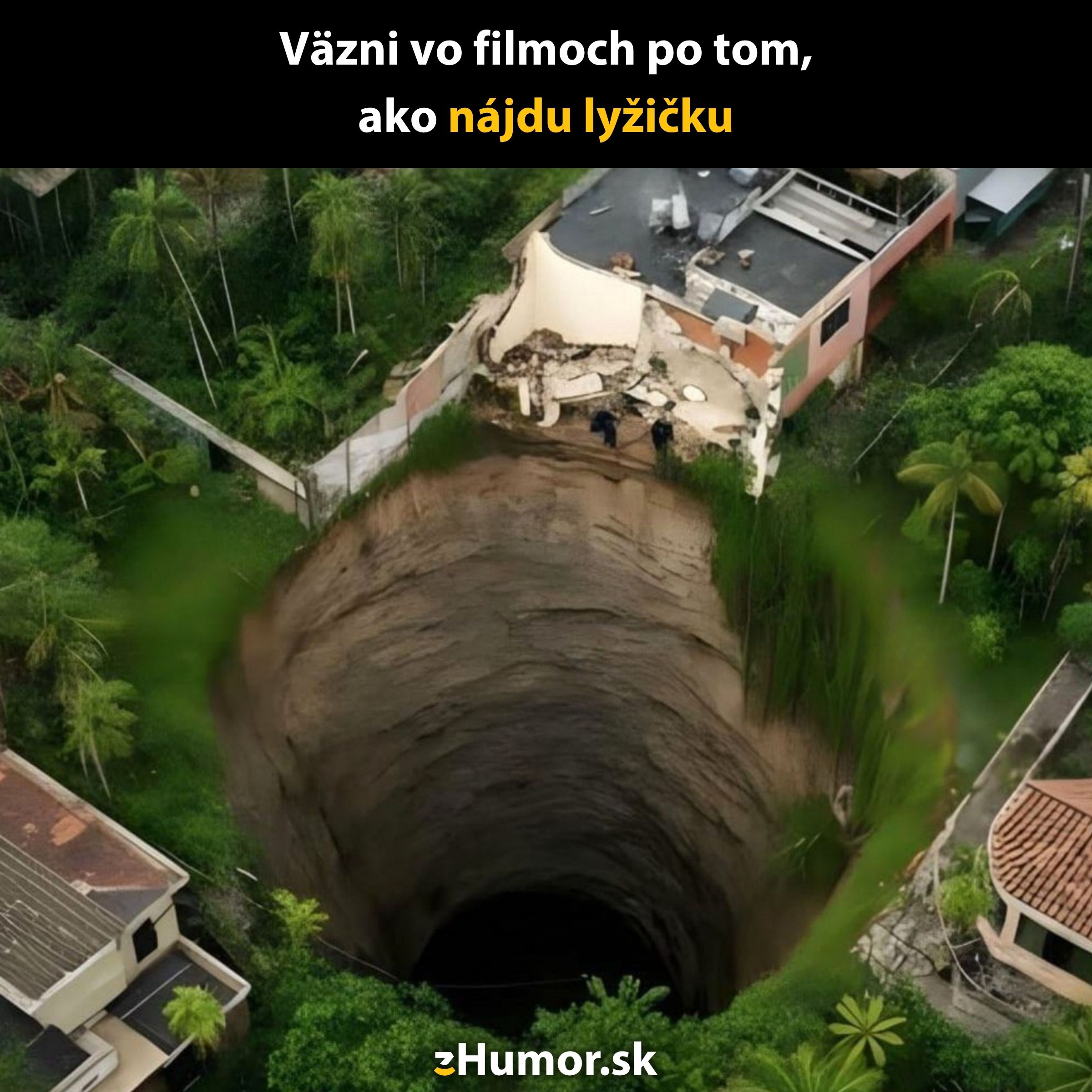 Obrovská diera v zemi blízko domu, ktorá vyzerá dramaticky prepadnutá do podzemia.