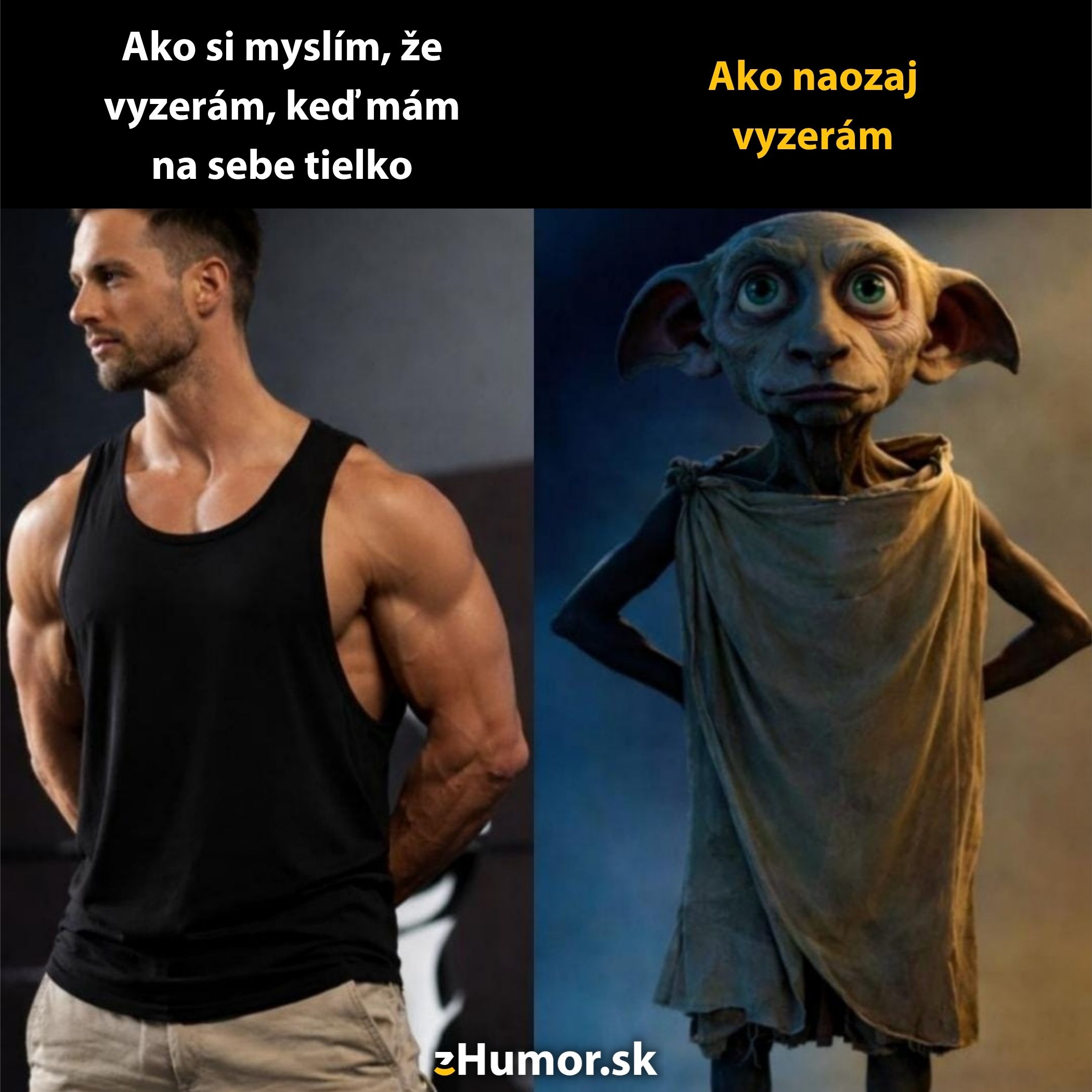 Muž v tielku vedľa postavy s iróniou porovnávajúci svoj vzhľad. Texty: Ako si myslím, že vyzerám, Ako naozaj vyzerám.