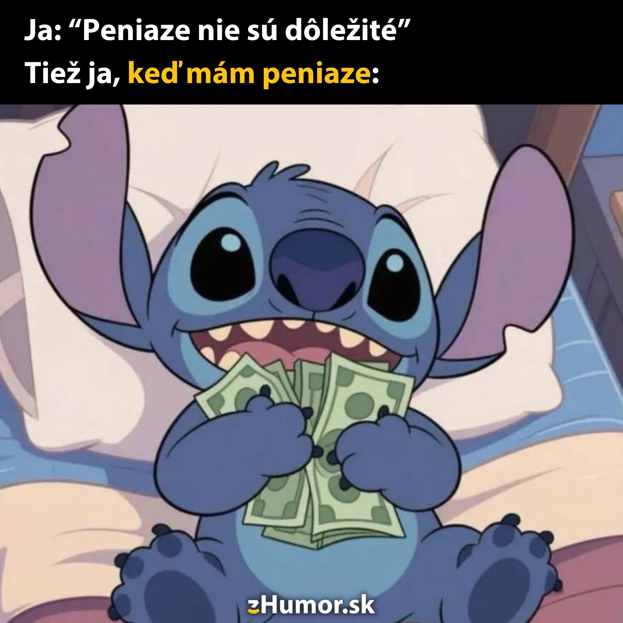 Kreslená postava sa usmieva a drží dolárové bankovky, humorný kontrast s vyjadrením o dôležitosti peňazí.