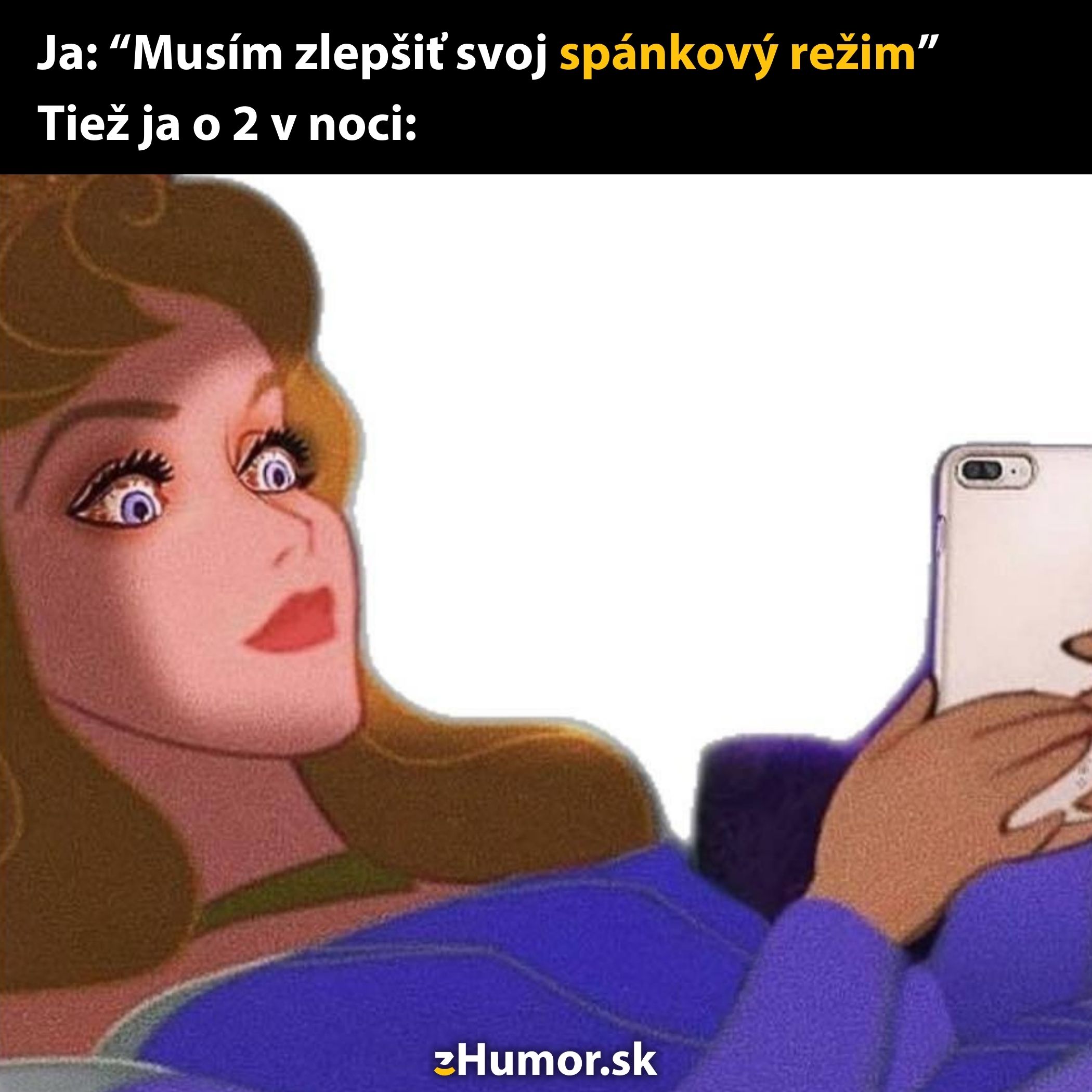 Postava v posteli s mobilom, napriek tomu že chce zlepšiť spánkový režim. Humorná ilustrácia nespavosti.