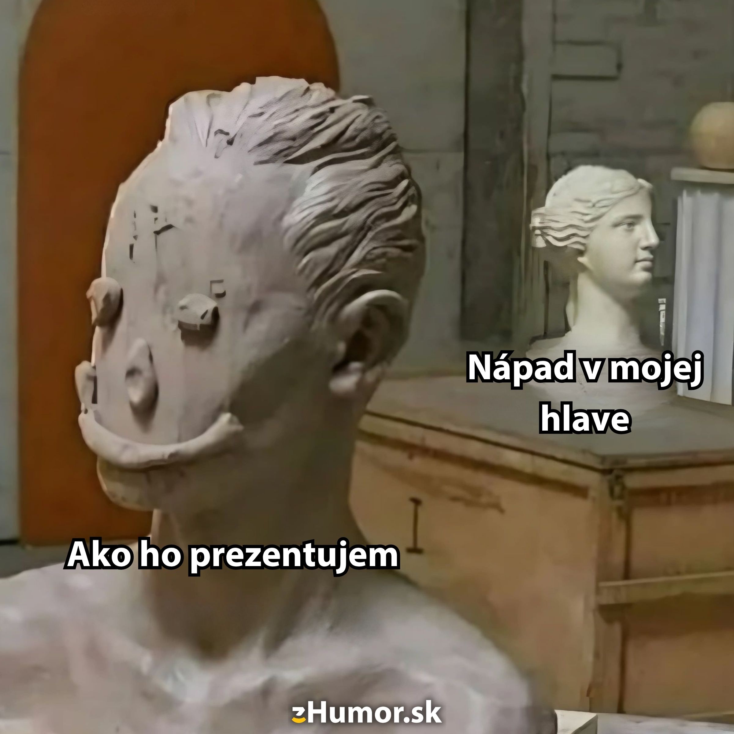 Dve sochy ilustrujúce rozdiel medzi predstavou a prezentáciou nápadu, s textom „Nápad v mojej hlave“ a „Ako ho prezentujem“.