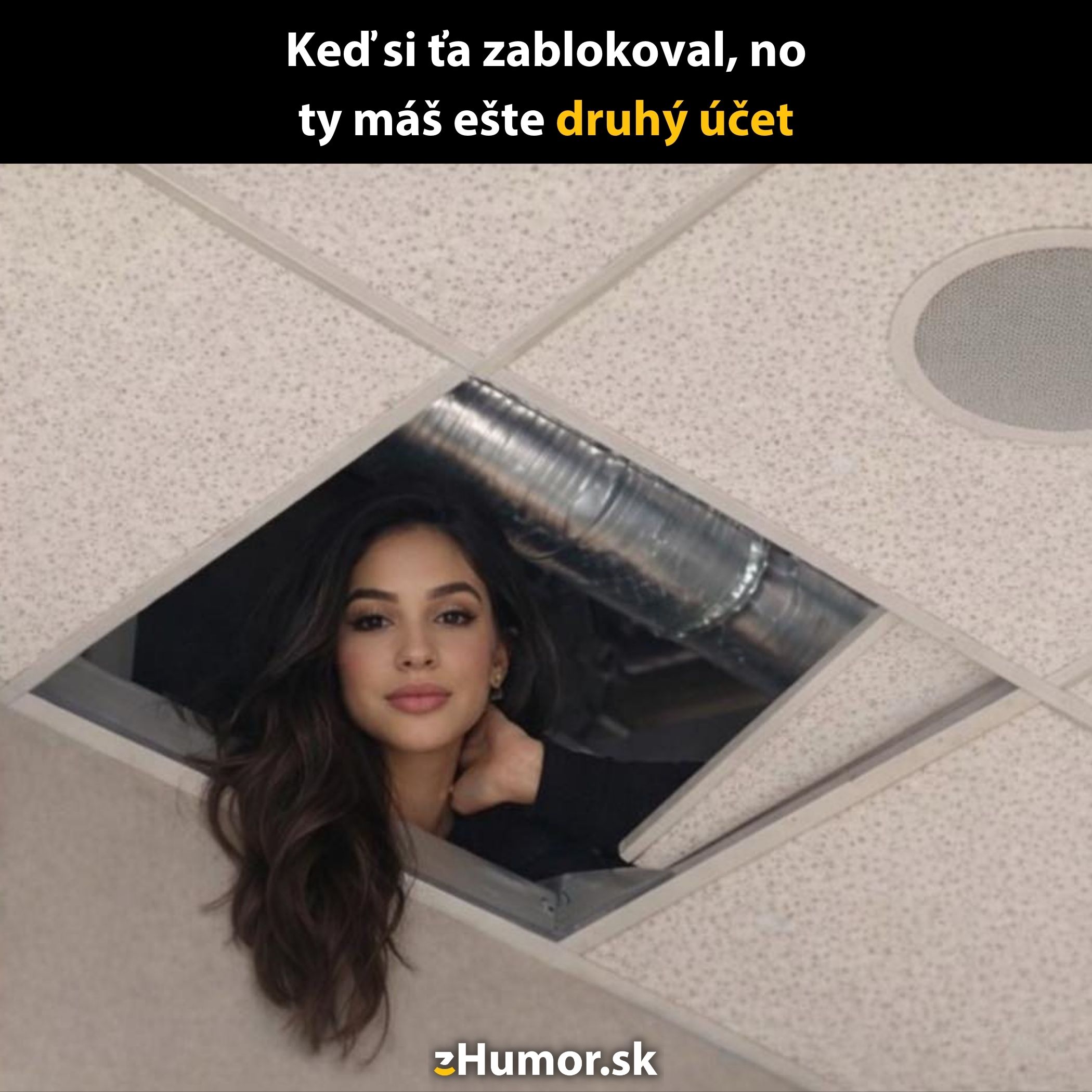 Žena vykukuje zo stropného otvoru s vtipným textom o druhom účte na sociálnych sieťach.