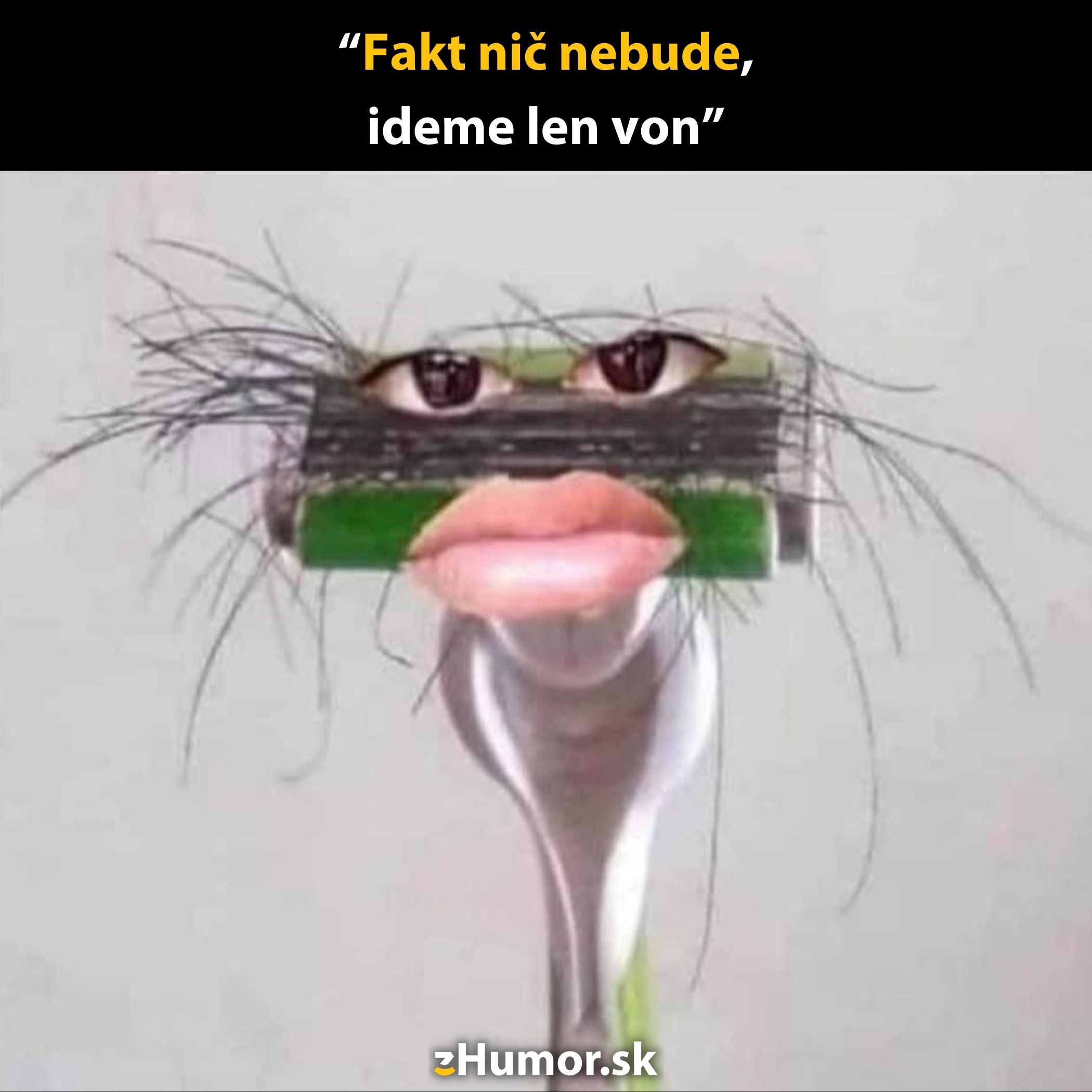 Vidlička s tvárou, vtipný nápis: „Fakt nič nebude, ideme len von.” Kreatívna fotomontáž pre pobavenie.