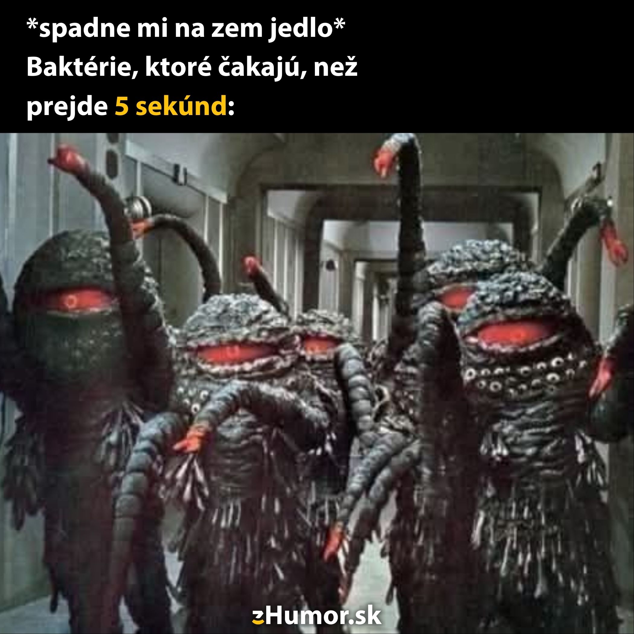 Humorný obrázok baktérií čakajúcich, než uplynie 5 sekúnd po páde jedla na zem.