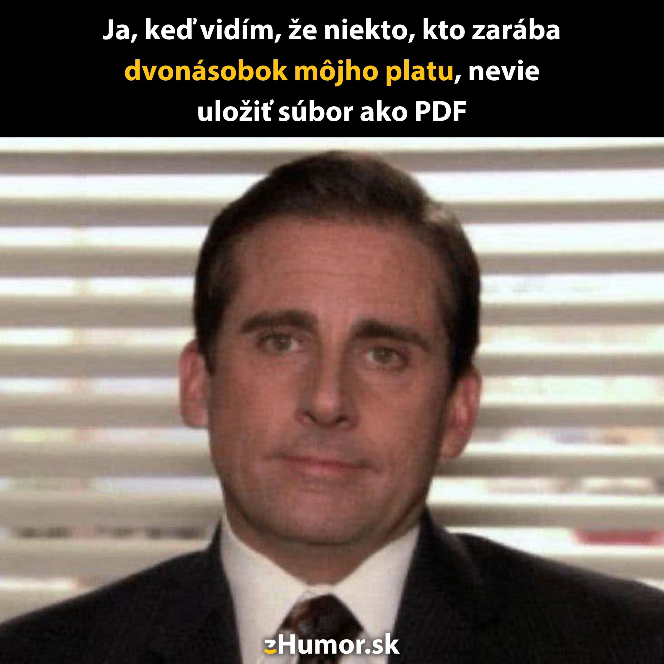 Muž v obleku s ironickým výrazom na tvári. Text o neschopnosti uložiť PDF.
