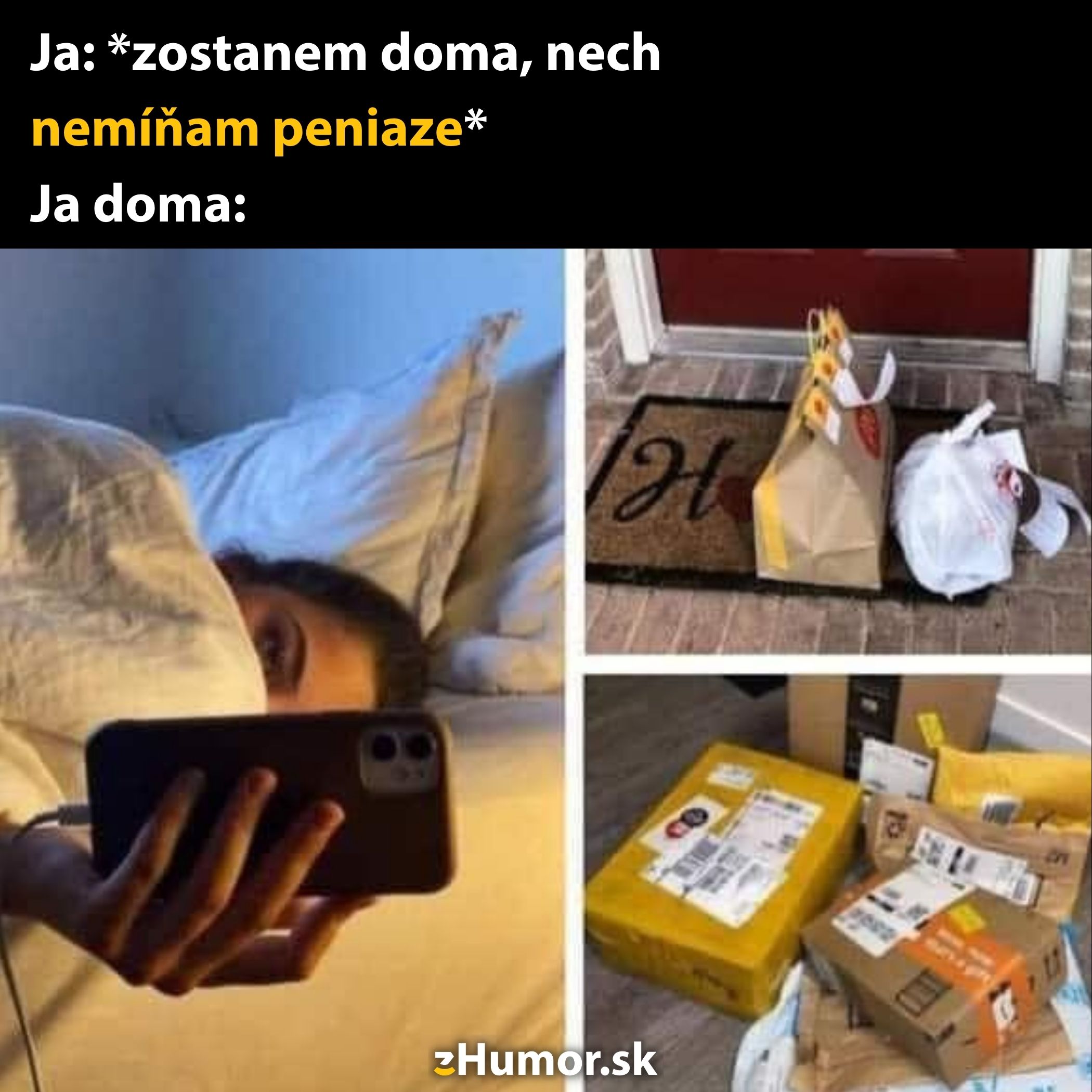 Osoba v posteli s mobilom a doručené balíky pre domom, vtip o míňaní peňazí online.