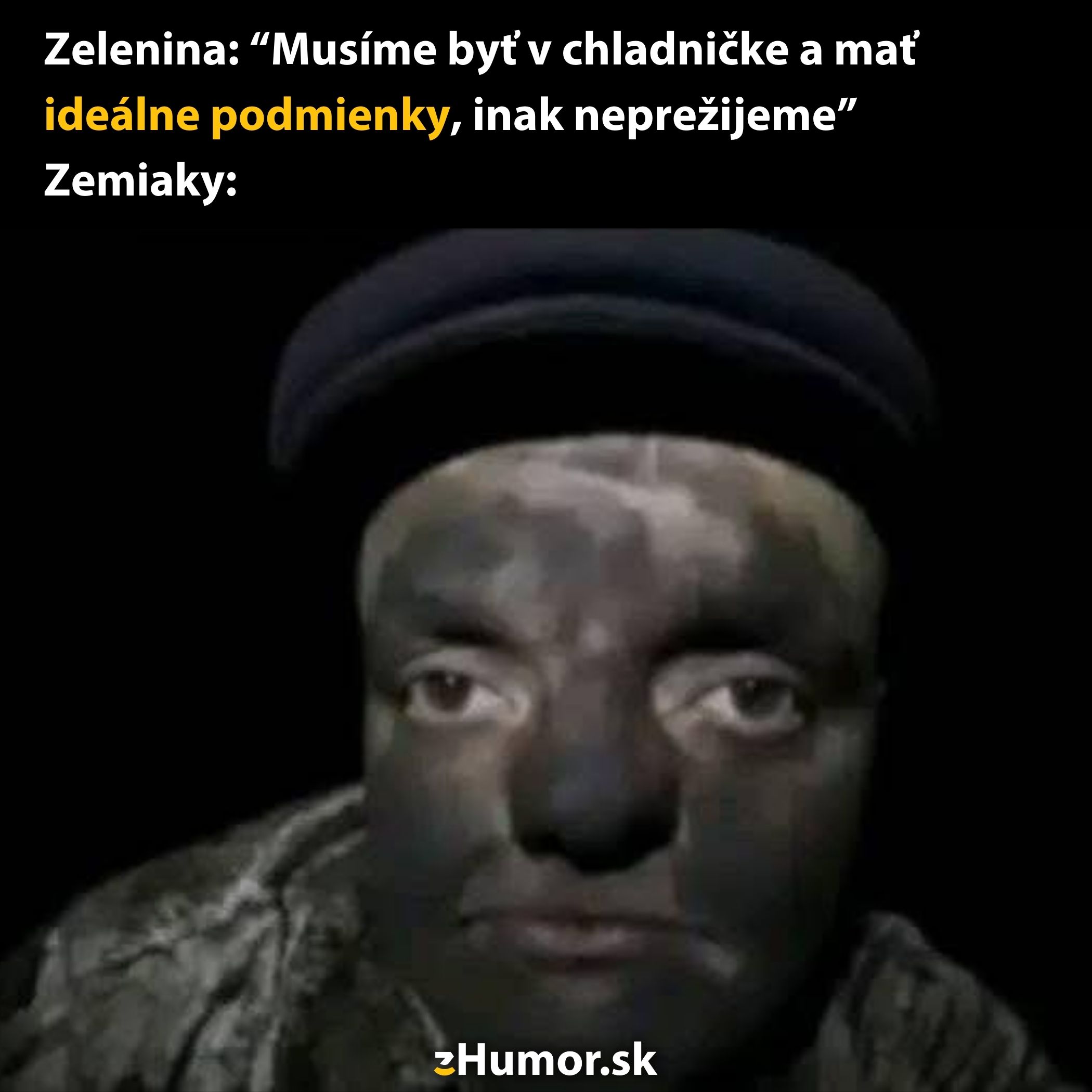 Zemiaky: prežijem všade, vtipná reakcia na požiadavky zeleniny na ideálne podmienky v chladničke.