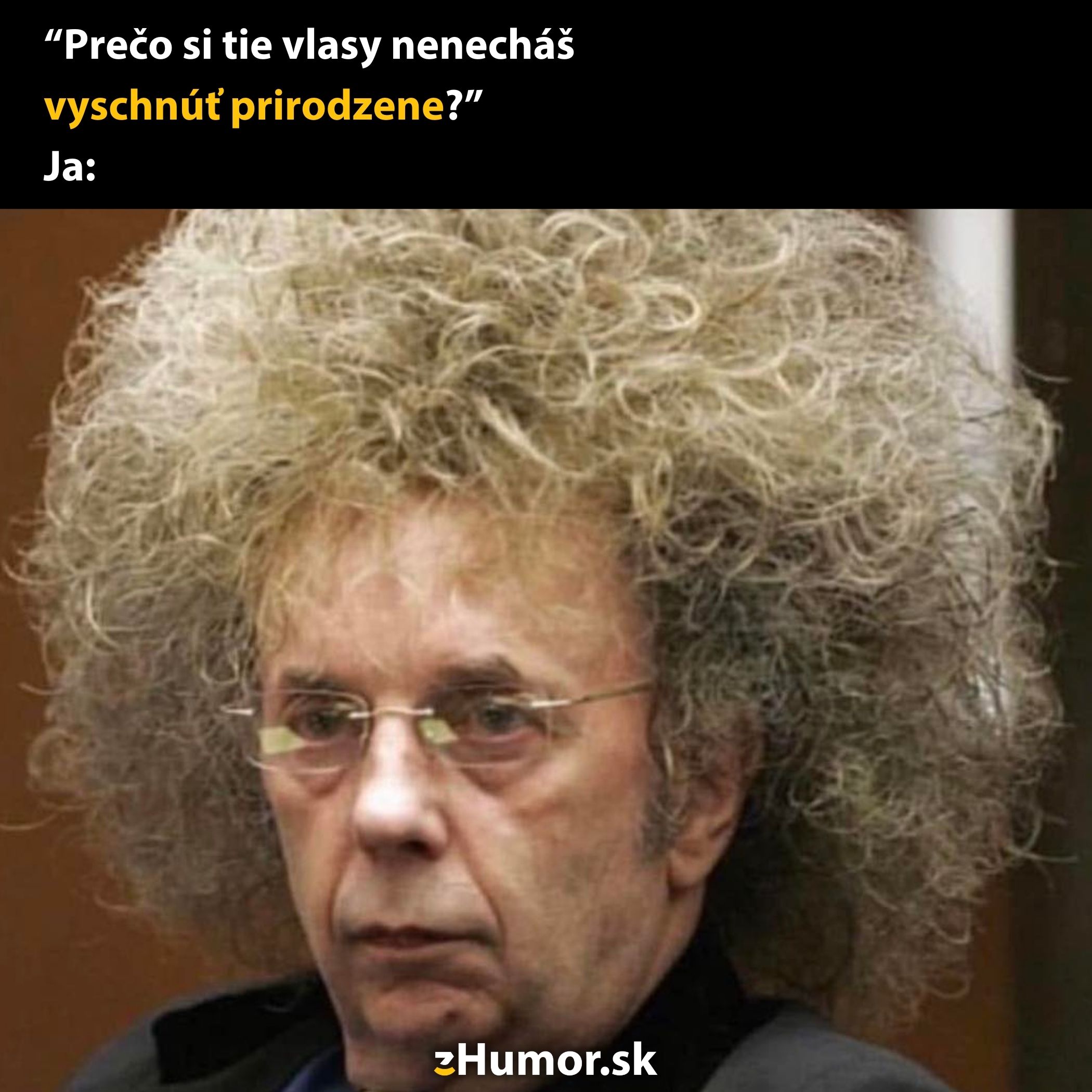 Muž s veľkou kučeravou hrivou, vtip vyjadrujúci výsledok prirodzeného sušenia vlasov.