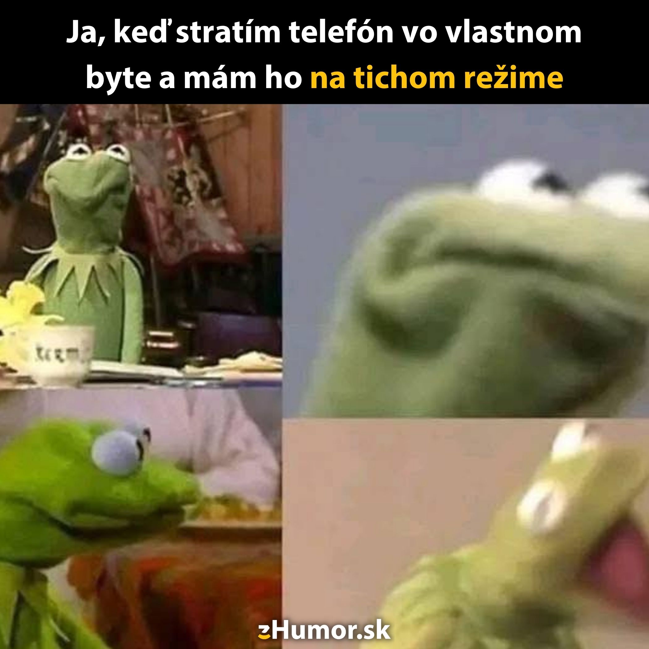 Žaba z kresleného seriálu hľadá telefón na tichom režime vo vtipnom koláži s rozličnými výrazmi tváre.