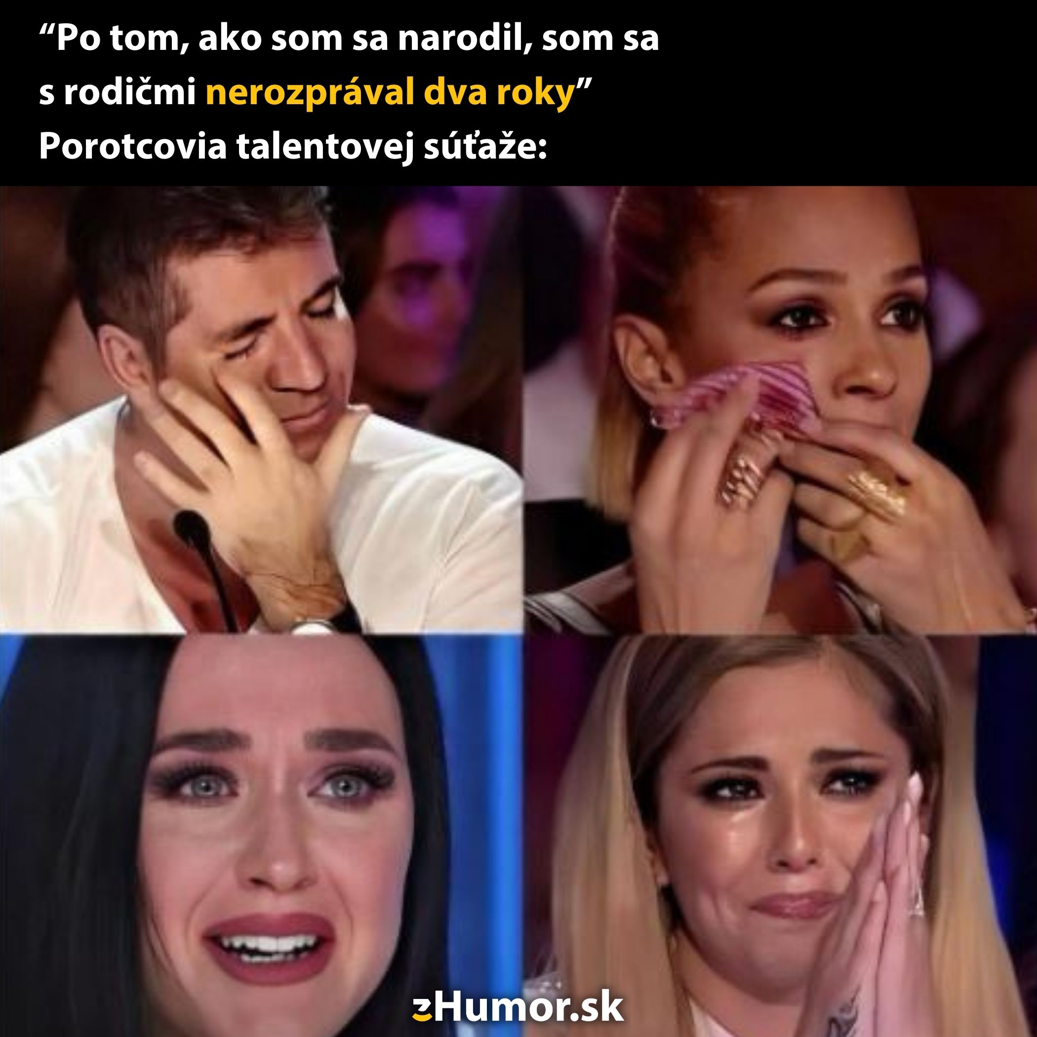 Porotcovia v talentovej súťaži reagujú na vtipný komentár súťažiaceho s dojímavým príbehom.