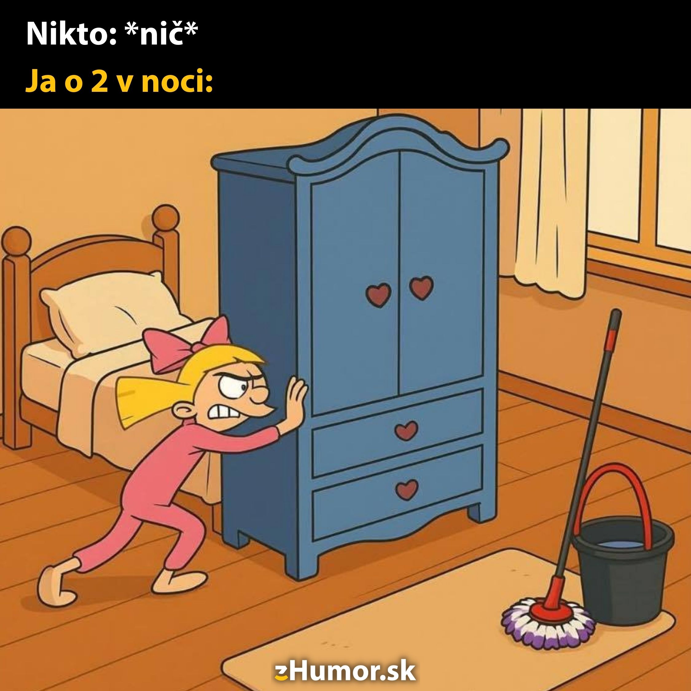 Dievča v ružovom pyžame tlačí skriňu v noci o 2 ráno v izbe s mopom a vedrom.