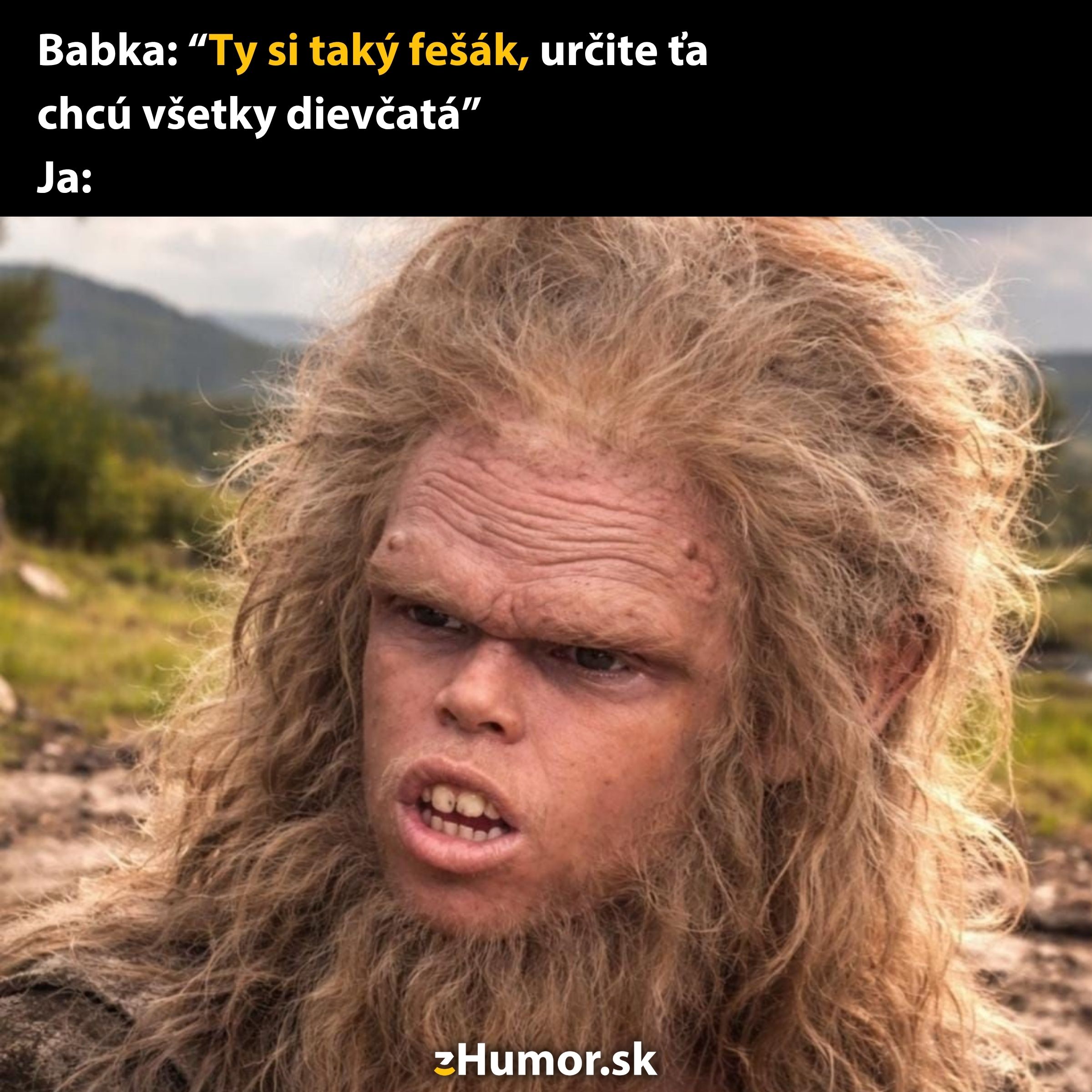 Meme so slovami babky a úžasným pohľadom chlapa v paródii na kompliment o jeho kráse, obsahuje humor.
