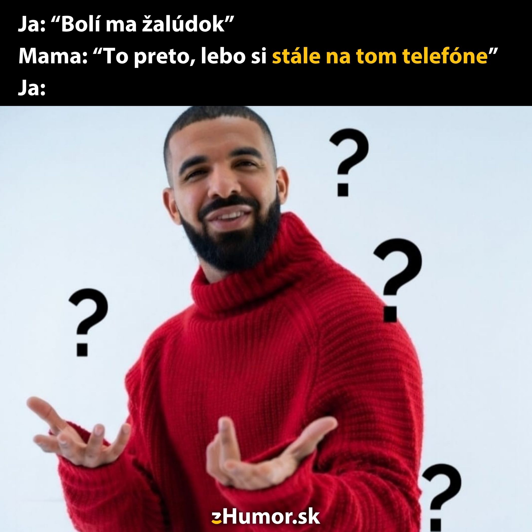 Muž v červenom svetríku s otáznikmi, reakcia na radu mamy o používaní mobilu.